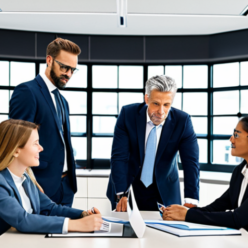 Modern Business Collaboration**

"A diverse team of professionals in a modern office setting, fully clothed in business attire, collaborating on a project, safe for work, appropriate content, perfect anatomy, natural pose, well-lit, high-resolution photograph, professional."

**