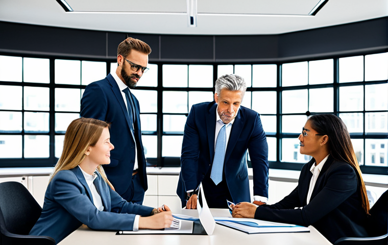 Modern Business Collaboration**

"A diverse team of professionals in a modern office setting, fully clothed in business attire, collaborating on a project, safe for work, appropriate content, perfect anatomy, natural pose, well-lit, high-resolution photograph, professional."

**