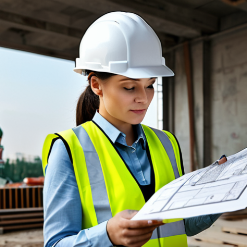 "A professional female architect in a stylish, fully clothed business casual outfit, reviewing blueprints on a construction site in Moscow. Hard hat and safety vest. Realistic lighting, professional photography, perfect anatomy, safe for work, appropriate content, fully clothed, professional."