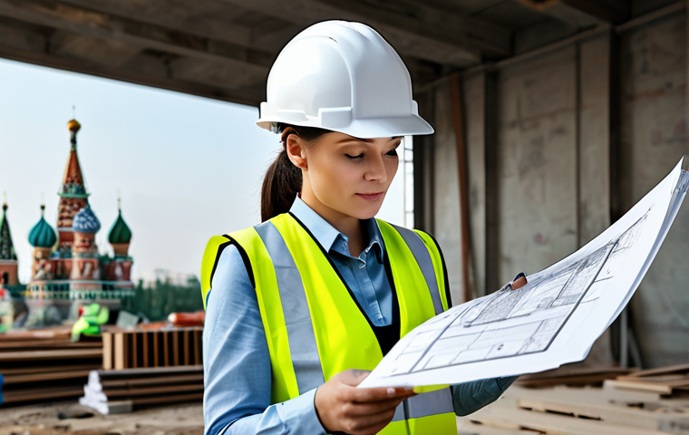 "A professional female architect in a stylish, fully clothed business casual outfit, reviewing blueprints on a construction site in Moscow. Hard hat and safety vest. Realistic lighting, professional photography, perfect anatomy, safe for work, appropriate content, fully clothed, professional."