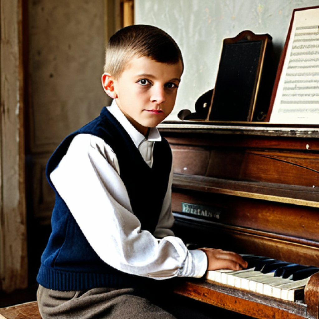 체코 출신의 세계적인 음악가 - **
"A young boy with a determined expression, fully clothed in modest, traditional Czech clothing, ...