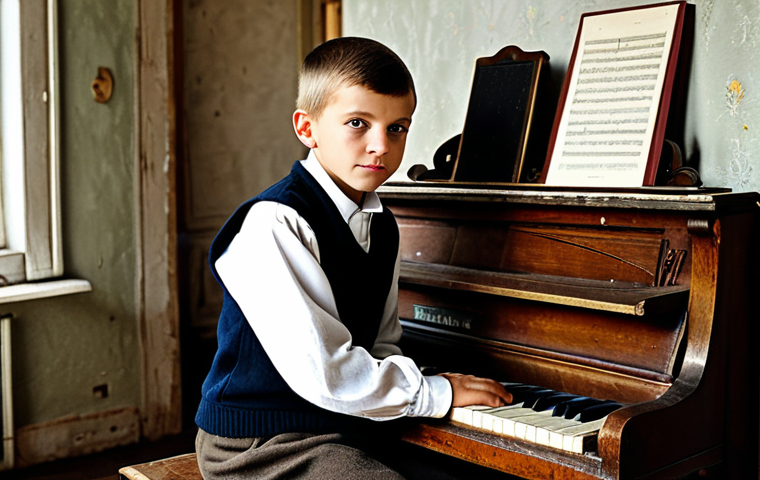 체코 출신의 세계적인 음악가 - **

"A young boy with a determined expression, fully clothed in modest, traditional Czech clothing, ...