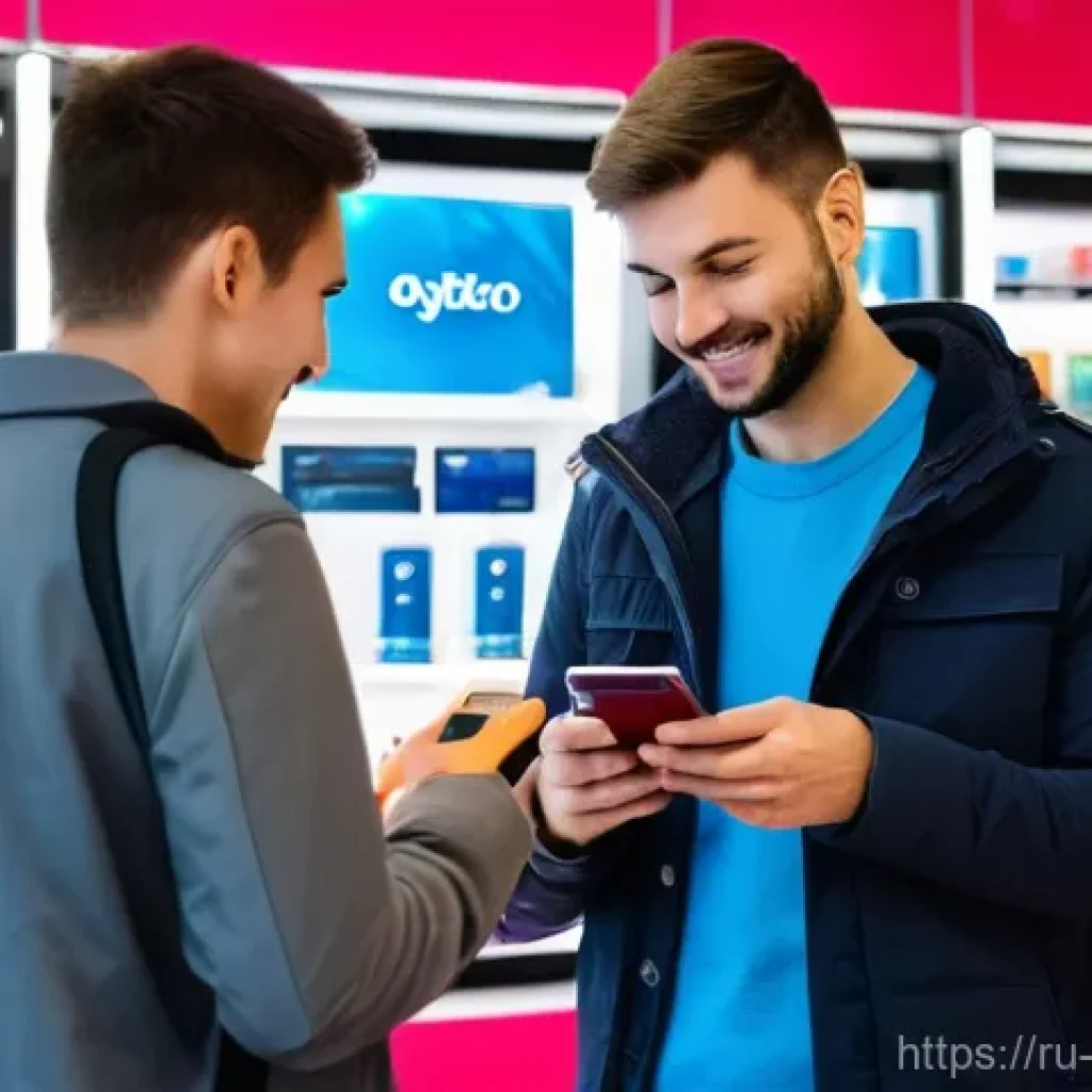 체코에서 인터넷 및 와이파이 사용법 - A brightly lit, modern mobile phone store in a bustling area of Prague, featuring prominent displays...