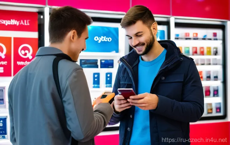 체코에서 인터넷 및 와이파이 사용법 - A brightly lit, modern mobile phone store in a bustling area of Prague, featuring prominent displays...