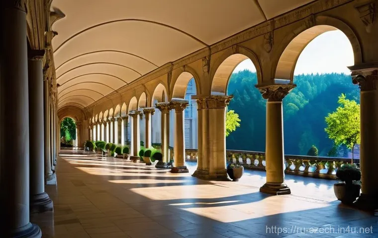 카를로비 바리 온천 여행 - **A serene morning scene at the Mill Colonnade in Karlovy Vary.**
    *   **Subject:** A beautifully...