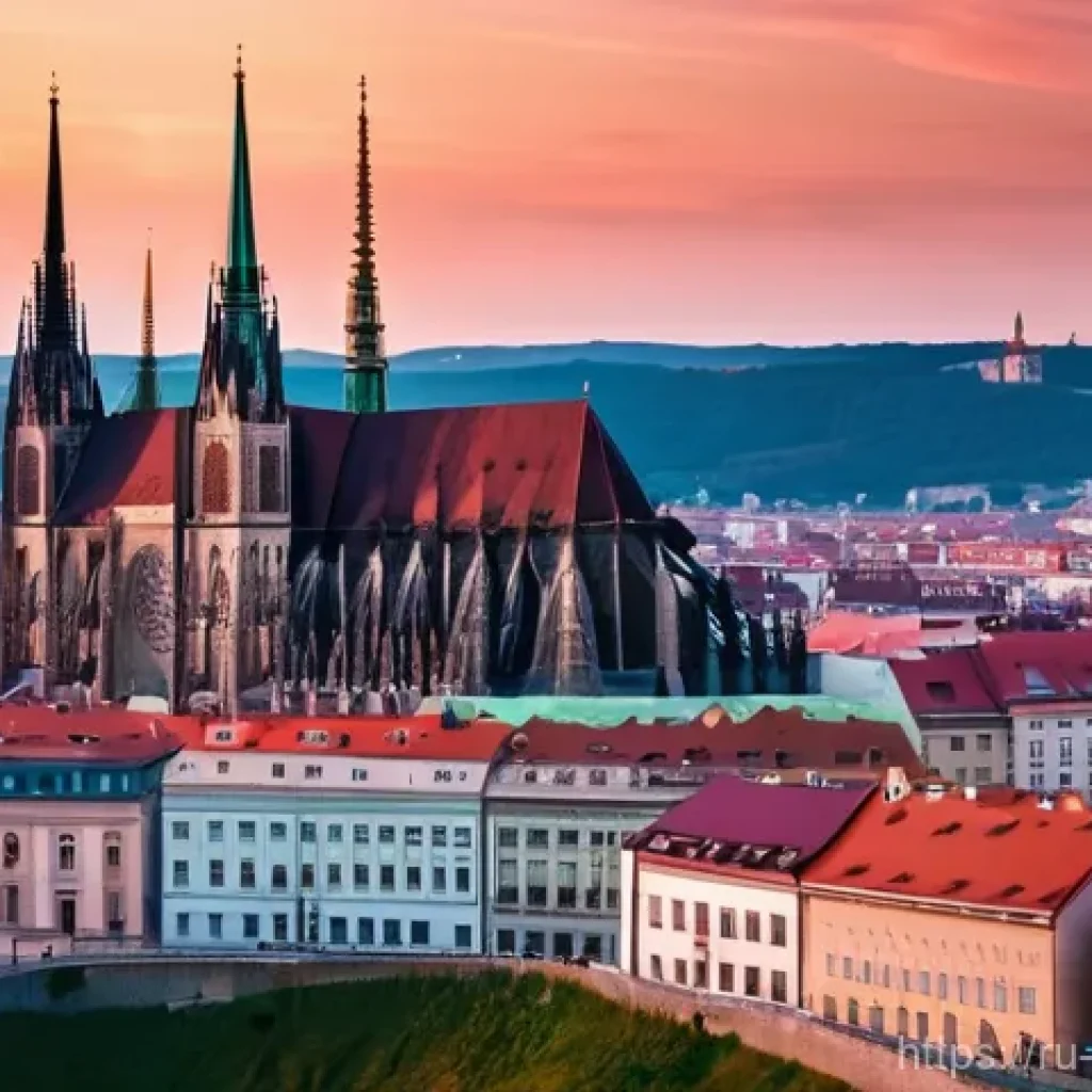 브르노의 역사적 명소 - **A breathtaking wide shot of the Cathedral of St. Peter and Paul in Brno at sunset.** The two majes...