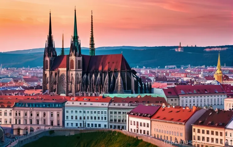 브르노의 역사적 명소 - **A breathtaking wide shot of the Cathedral of St. Peter and Paul in Brno at sunset.** The two majes...