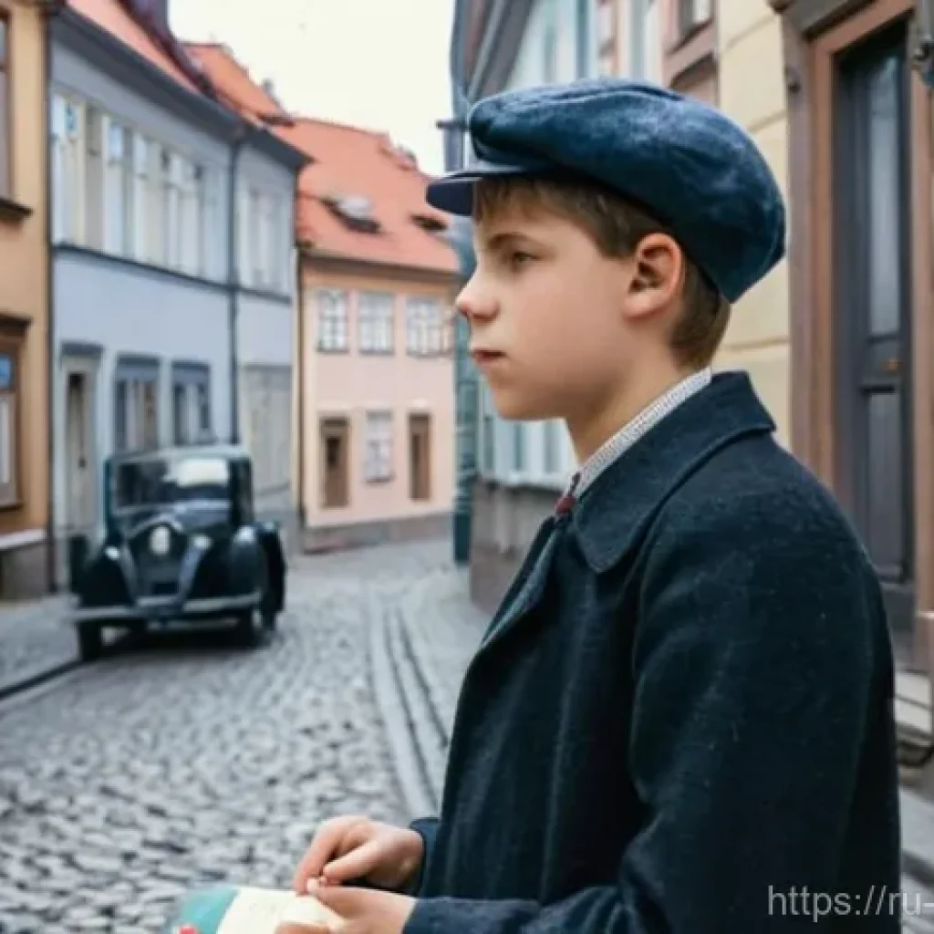야로슬라프 세이페르트 노벨문학상 수상자 - **Prompt:** A young Jaroslav Seifert, around 12-15 years old, as a delivery boy in the bustling, wor...