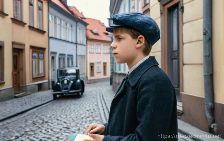 야로슬라프 세이페르트 노벨문학상 수상자 - **Prompt:** A young Jaroslav Seifert, around 12-15 years old, as a delivery boy in the bustling, wor...