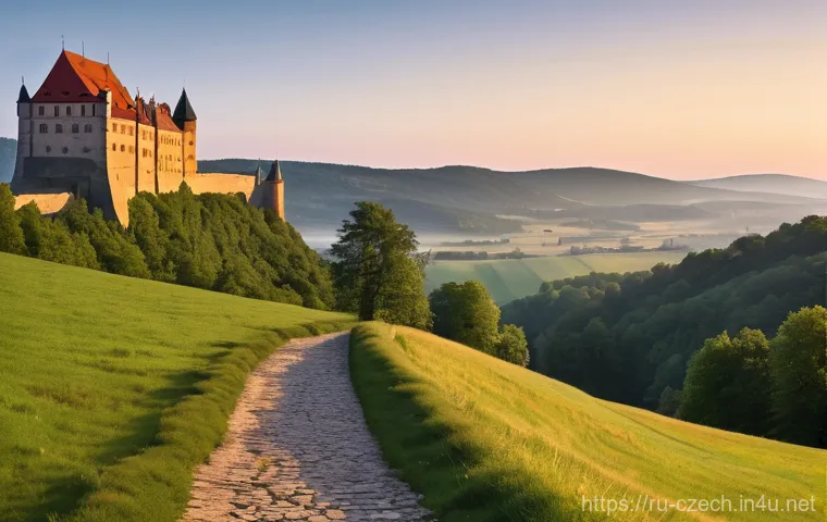 체코의 중세 시대 - **Prompt: Majestic Czech Castle at Dawn**
"A grand, imposing medieval Czech castle, strongly rem...