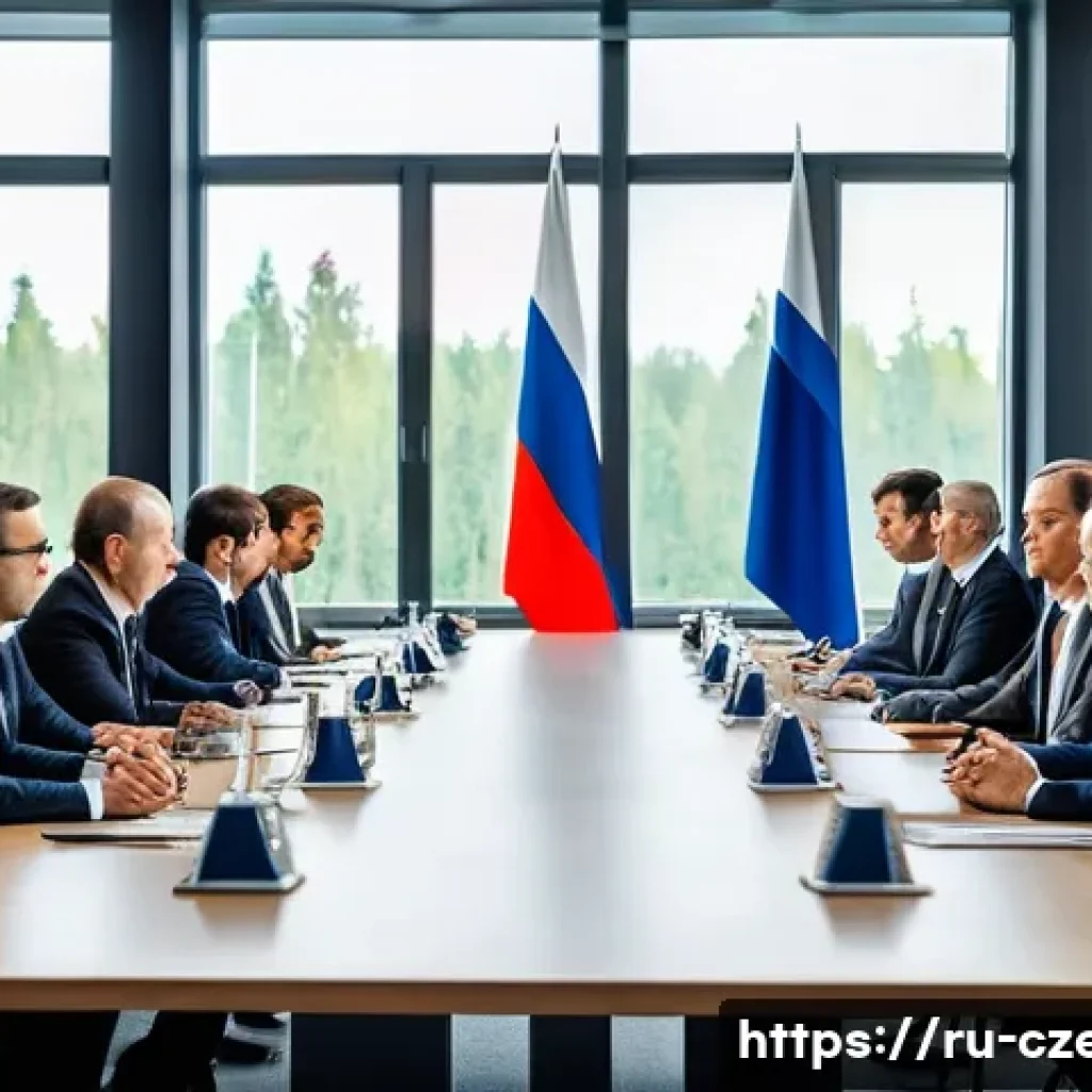 체코와 러시아의 외교 갈등 - A detailed diplomatic meeting scene between Czech and Russian officials in a formal conference room,...