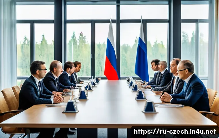 체코와 러시아의 외교 갈등 - A detailed diplomatic meeting scene between Czech and Russian officials in a formal conference room,...