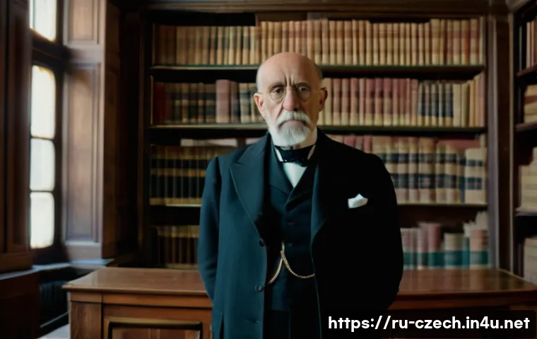 토마시 마사리크 대통령 - A dignified portrait of Tomáš Masaryk in early 20th-century formal attire, standing confidently in a...