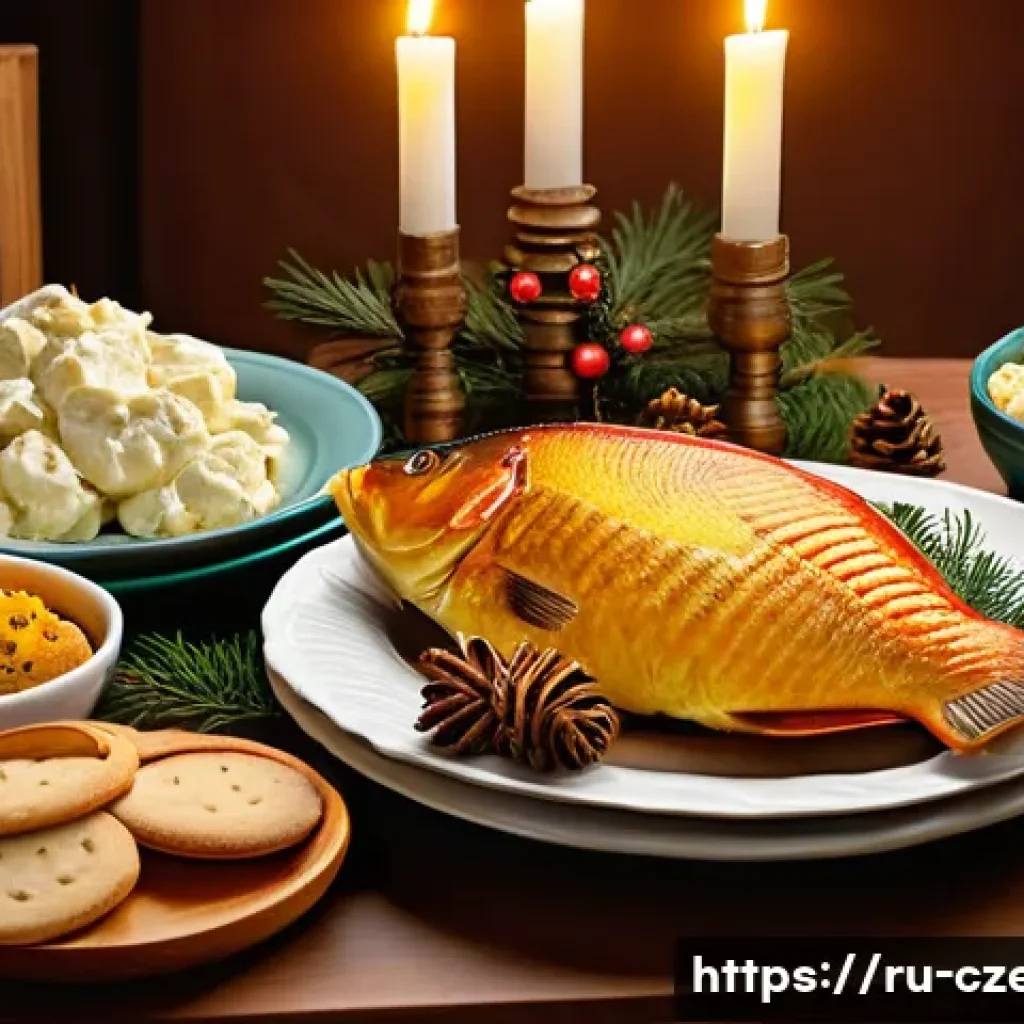 체코 크리스마스 전통 - A cozy Czech Christmas dining table scene featuring a traditional roasted carp as the centerpiece, s...