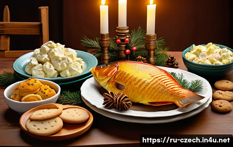 체코 크리스마스 전통 - A cozy Czech Christmas dining table scene featuring a traditional roasted carp as the centerpiece, s...