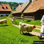 Home 22 체코 관광 - A serene rural Czech village scene near Český Krumlov, featuring traditional wooden cottages with fl...