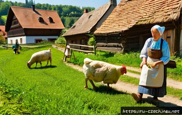체코 관광 - A serene rural Czech village scene near Česk&yacute; Krumlov, featuring traditional wooden cottages with fl...
