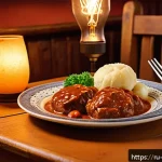 Home 21 체코의 전통 요리 - A cozy traditional Czech family restaurant interior with warm wooden furniture, softly lit by vintag...