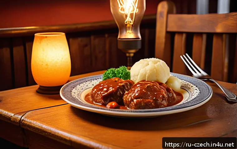 체코의 전통 요리 - A cozy traditional Czech family restaurant interior with warm wooden furniture, softly lit by vintag...