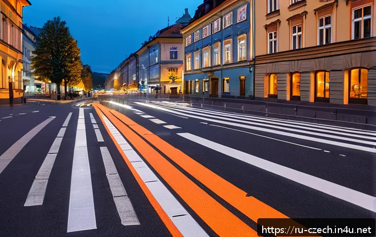 체코에서 자동차 운전하기 - A detailed urban street scene in the Czech Republic featuring modern traffic signs with bright refle...