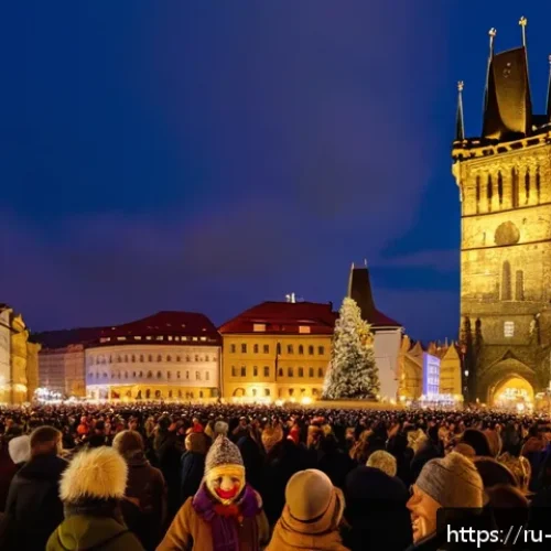 Home 31 체코의 신년맞이 행사 - A vibrant New Year's Eve scene at Prague’s Old Town Square, featuring a large crowd of joyful people...