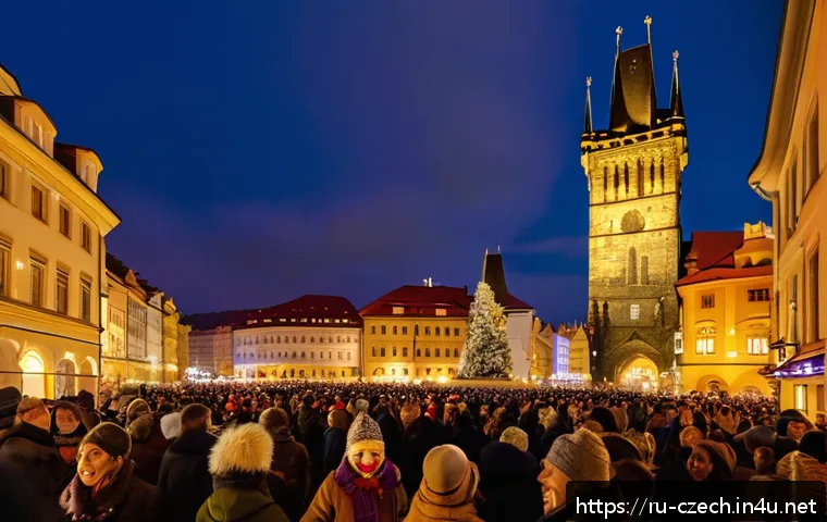 체코의 신년맞이 행사 - A vibrant New Year's Eve scene at Prague’s Old Town Square, featuring a large crowd of joyful people...