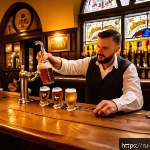 Home 30 체코의 맥주 문화 - A cozy traditional Czech pub interior during the evening, with wooden tables and benches, brass beer...