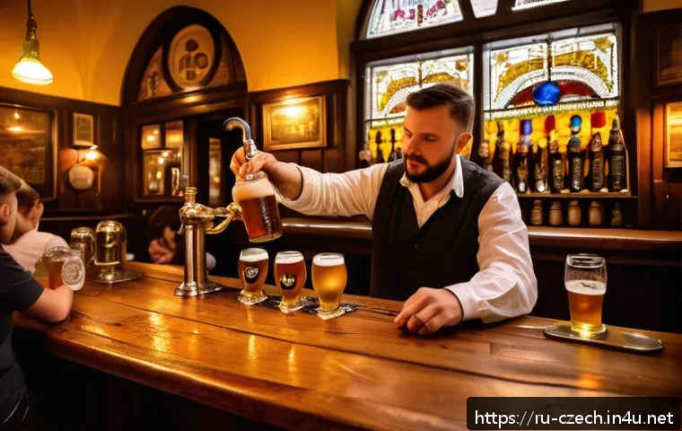 체코의 맥주 문화 - A cozy traditional Czech pub interior during the evening, with wooden tables and benches, brass beer...