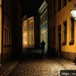 Home 23 체코의 연쇄 살인사건 - A dimly lit narrow cobblestone alley in Prague’s historic Mala Strana district at night, with old ba...