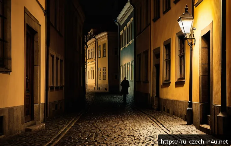체코의 연쇄 살인사건 - A dimly lit narrow cobblestone alley in Prague’s historic Mala Strana district at night, with old ba...