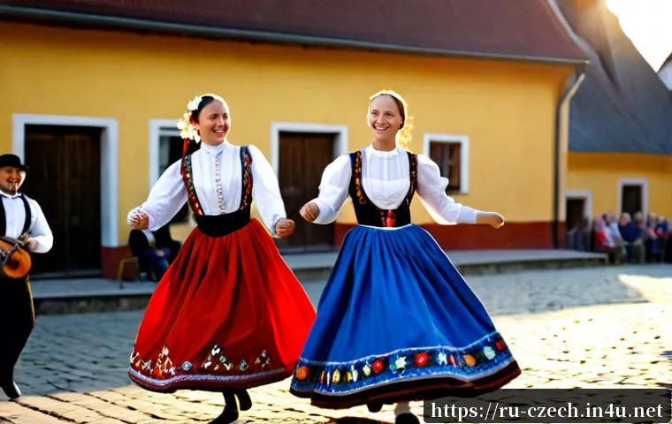 Home 17 체코 전통 춤과 음악 - Photorealistic traditional Czech folk dance in a sunlit village square, two adult couples in colorfu...
